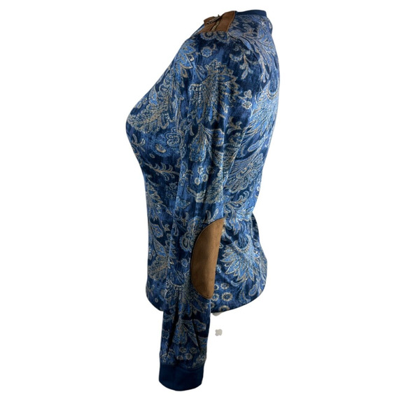 NWT Lauren Ralph Lauren Paisley Print LS Suede Elbow Shoulder Zip Top Blue Large - Picture 9 of 14